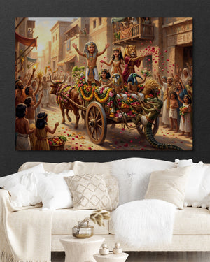 Joyful Egyptian Parade — joyful egyptian parade psd black wall white couch 1land flush print