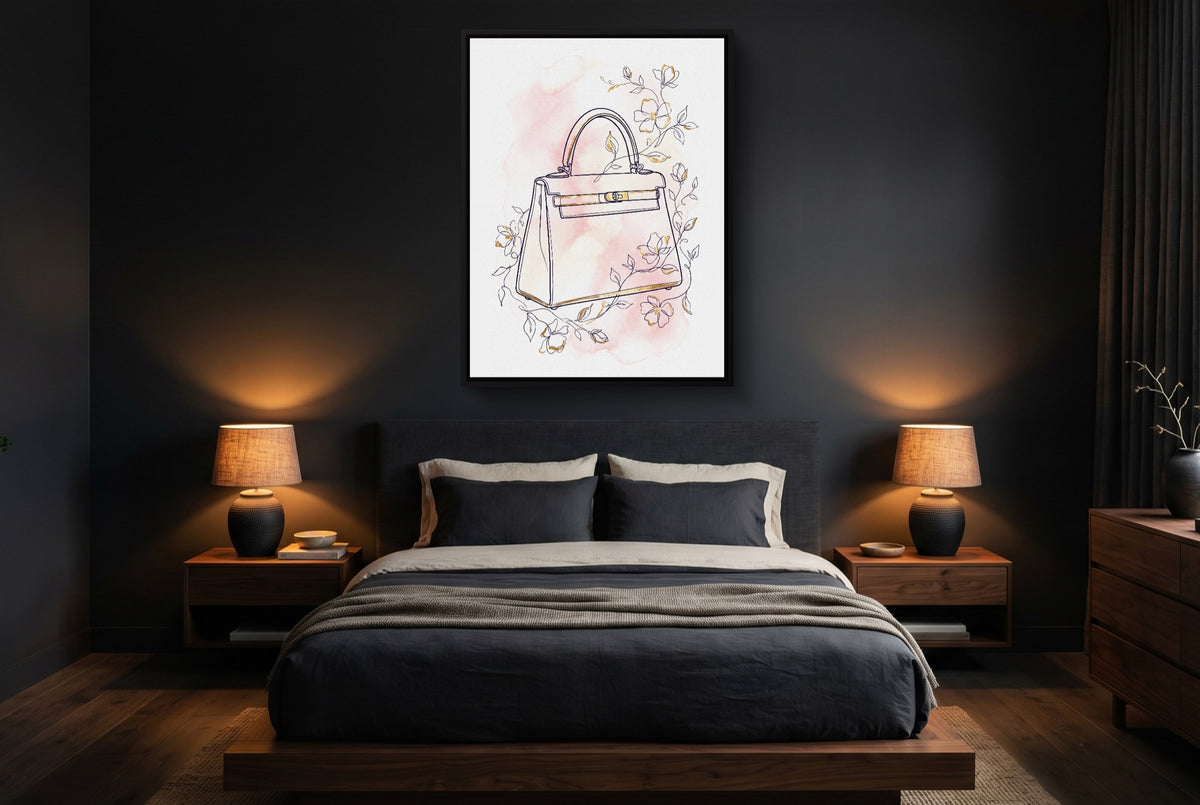 Kelly Bag Blush Floral — kelly bag blush floral bedroom with dark walls 1port framed black
