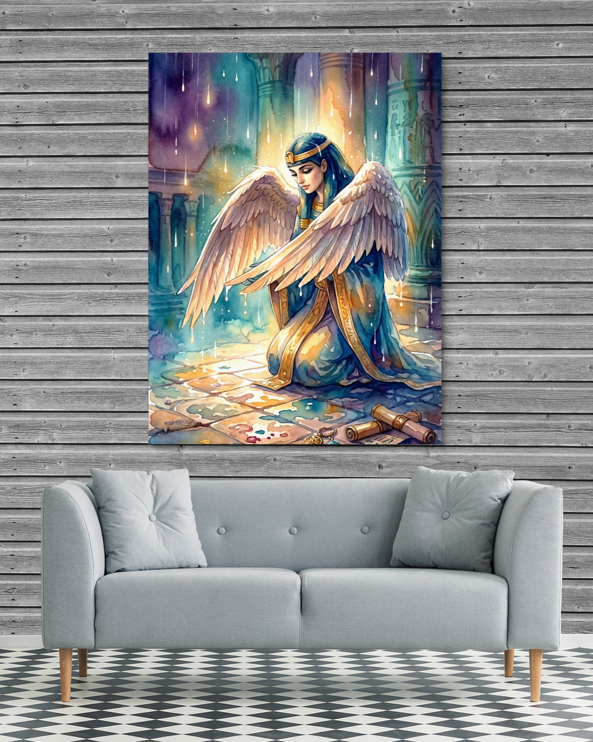 Kneeling Temple Oracle — kneeling temple oracle psd grey wood checkers couch 1port flush print