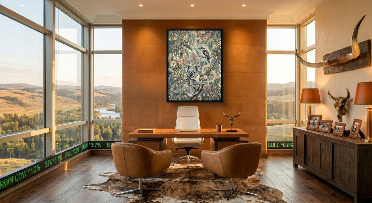 Koala Eucalyptus Bloom — koala eucalyptus bloom office with desk and chairs 1port framed black