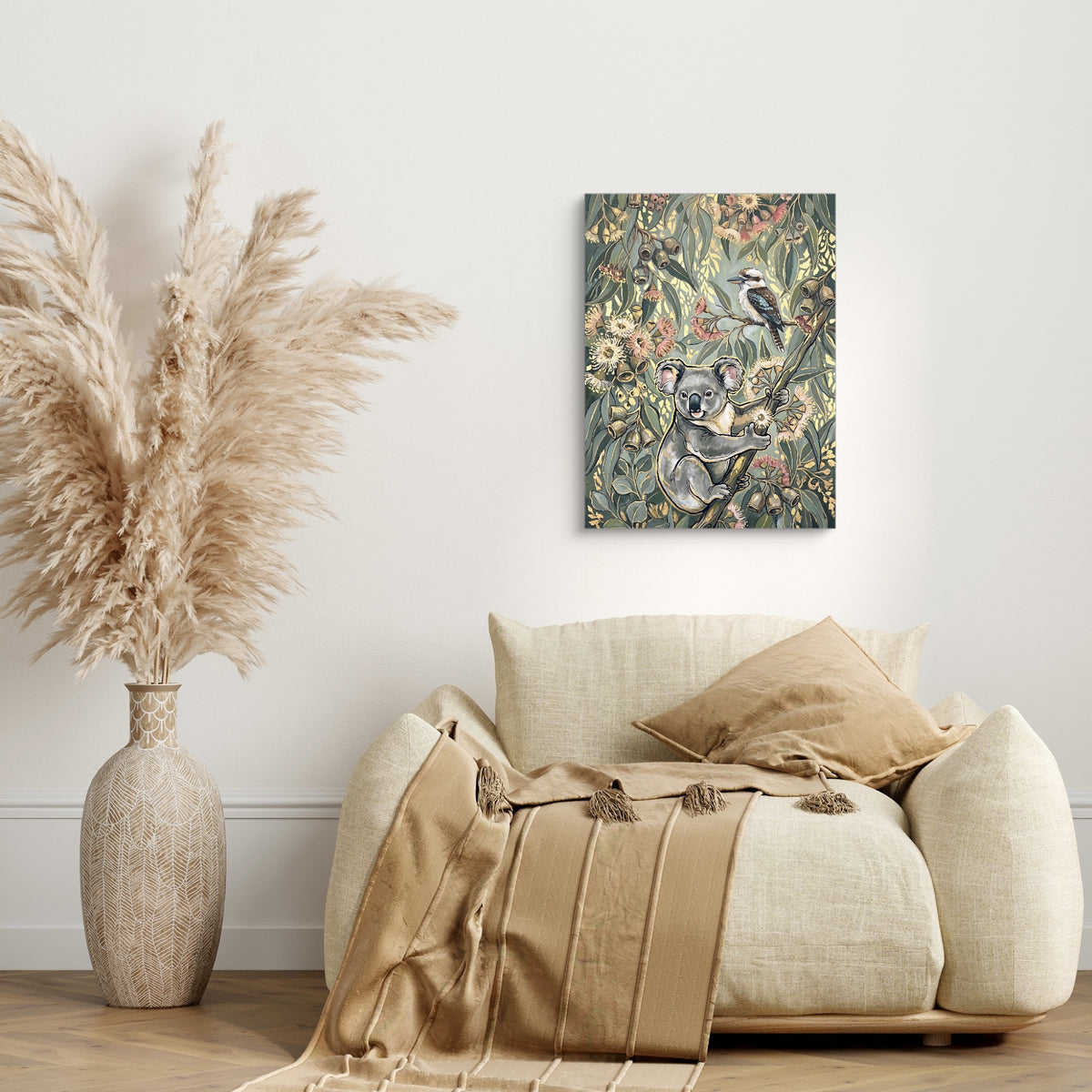 Koala Eucalyptus Bloom — koala eucalyptus bloom sq beige couch 1port flush print