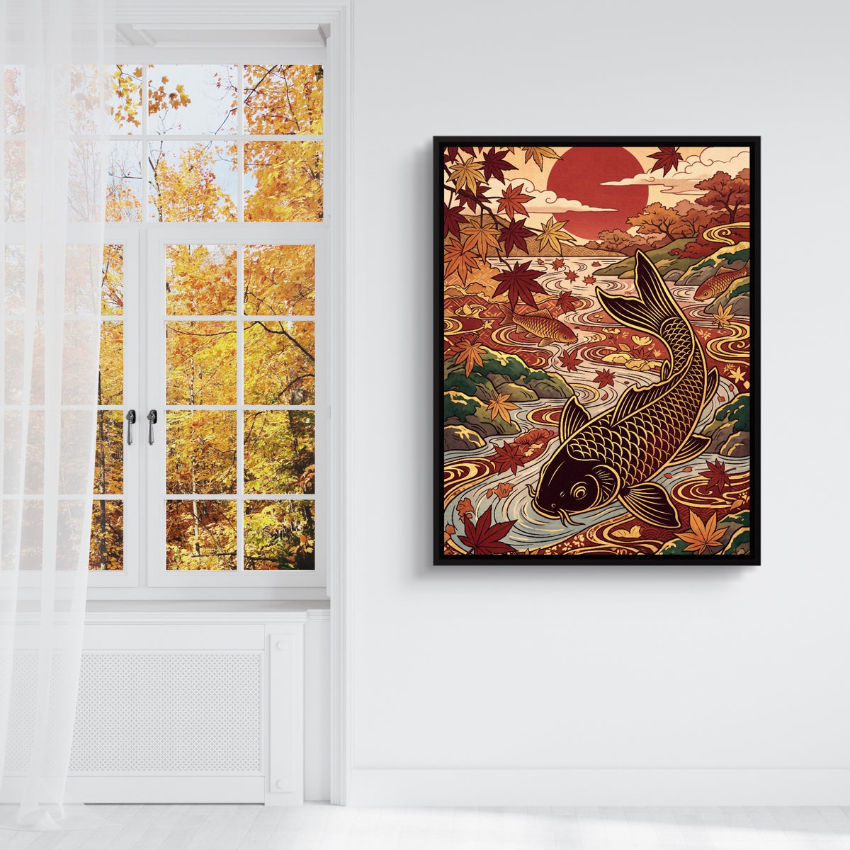 Koi Autumn River — koi autumn river sq fall outside white walls 1port framed black