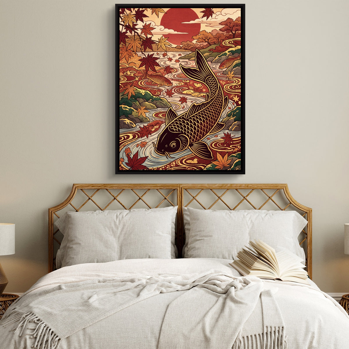 Koi Autumn River — koi autumn river sq white bedroom 1port framed black