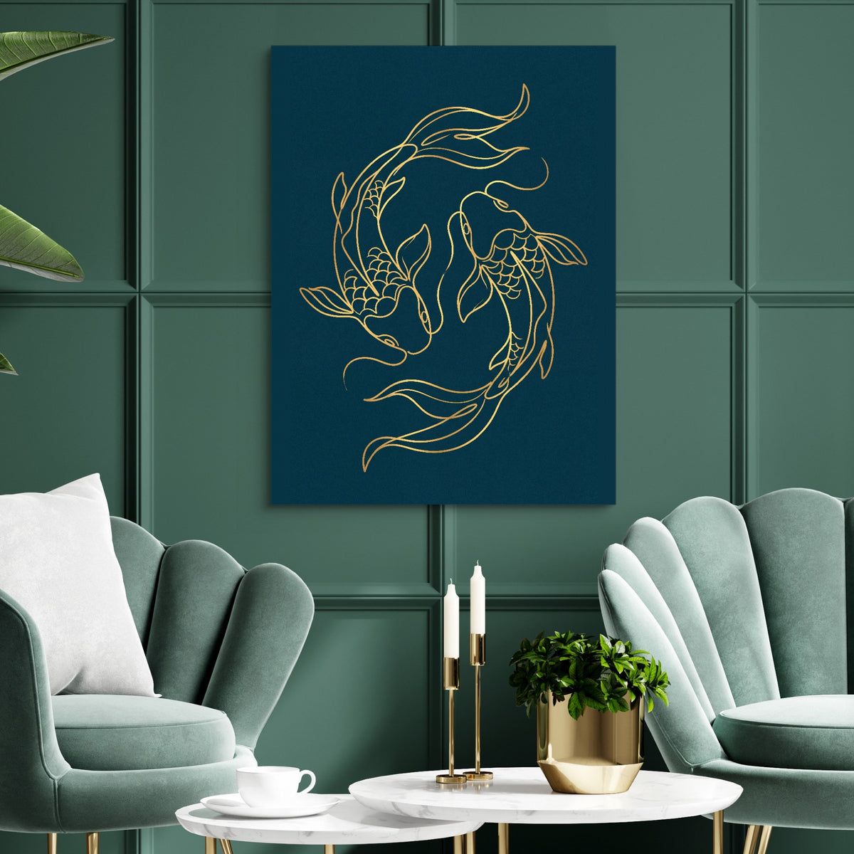 Koi Deep Embrace — koi deep embrace sq green luxury rom 1port flush print