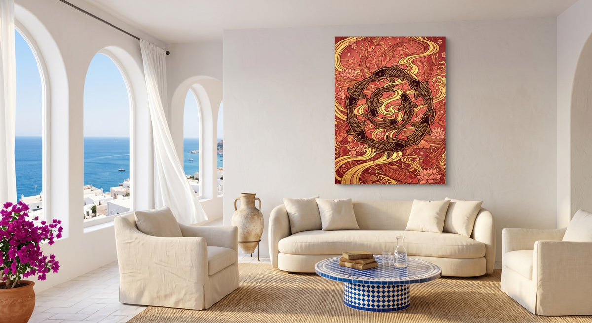 Koi Golden Flow — koi golden flow beachside couch livingroom 1port flush print