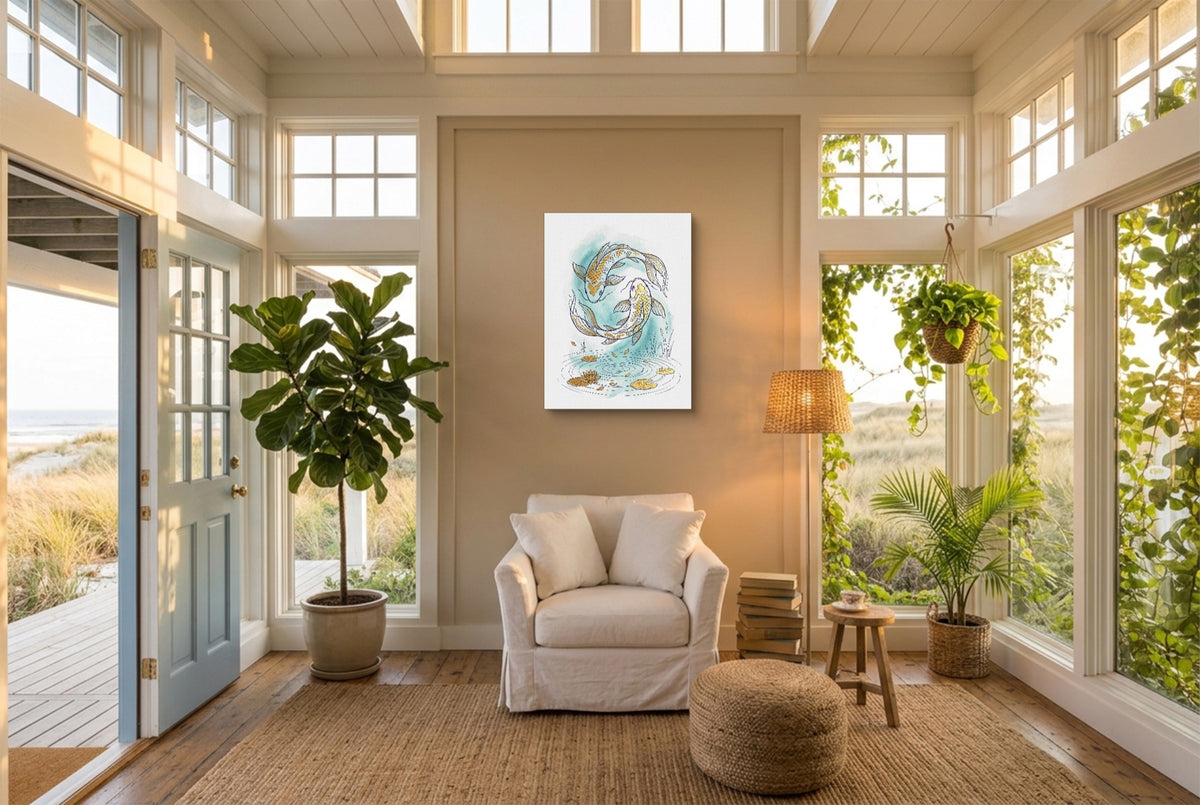 Koi Yin-Yang — koi yin yang living room with plants 1port flush print