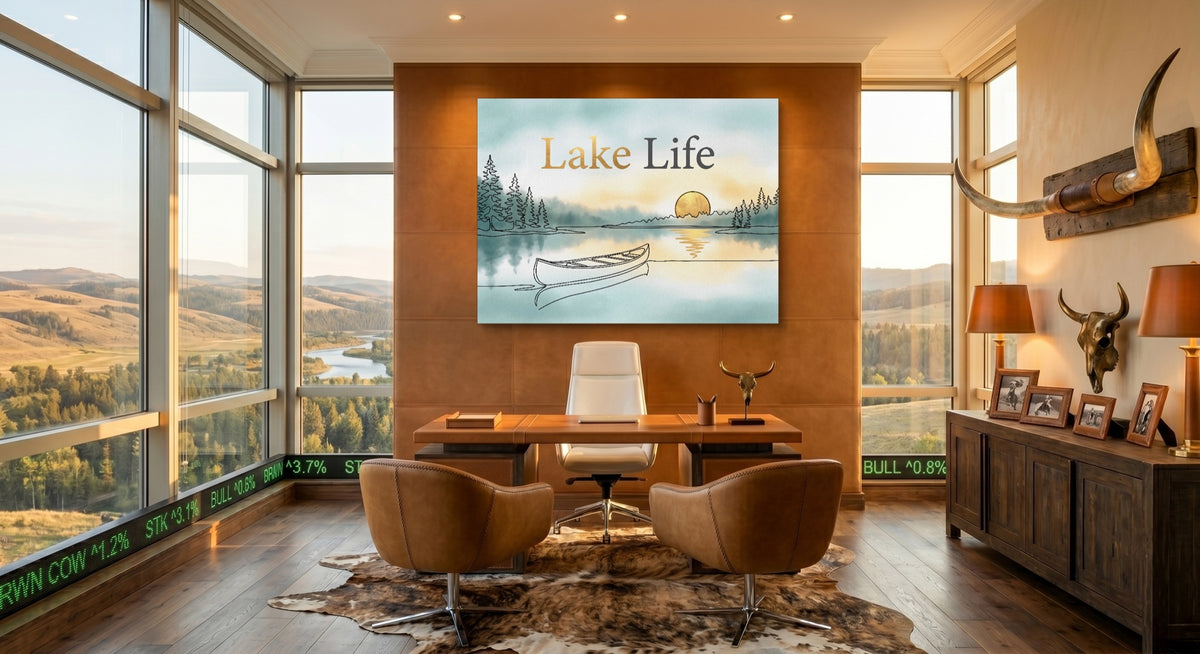 Lake Sunset Canoe — lake sunset canoe office with desk and chairs 1land flush print
