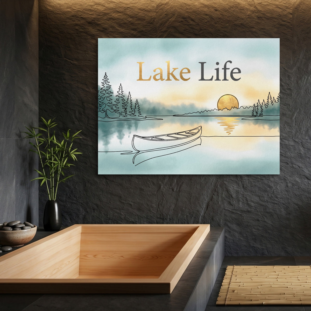 Lake Sunset Canoe — lake sunset canoe sq bamboo bathroom 1land flush print