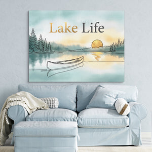 Lake Sunset Canoe — lake sunset canoe sq blue pastel couch 1land flush print