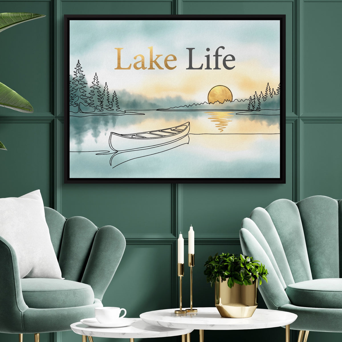 Lake Sunset Canoe — lake sunset canoe sq green luxury rom 1land framed black