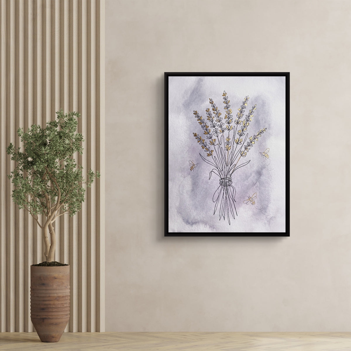 Lavender Bee Flight — lavender bee flight sq tree wall 1port framed black