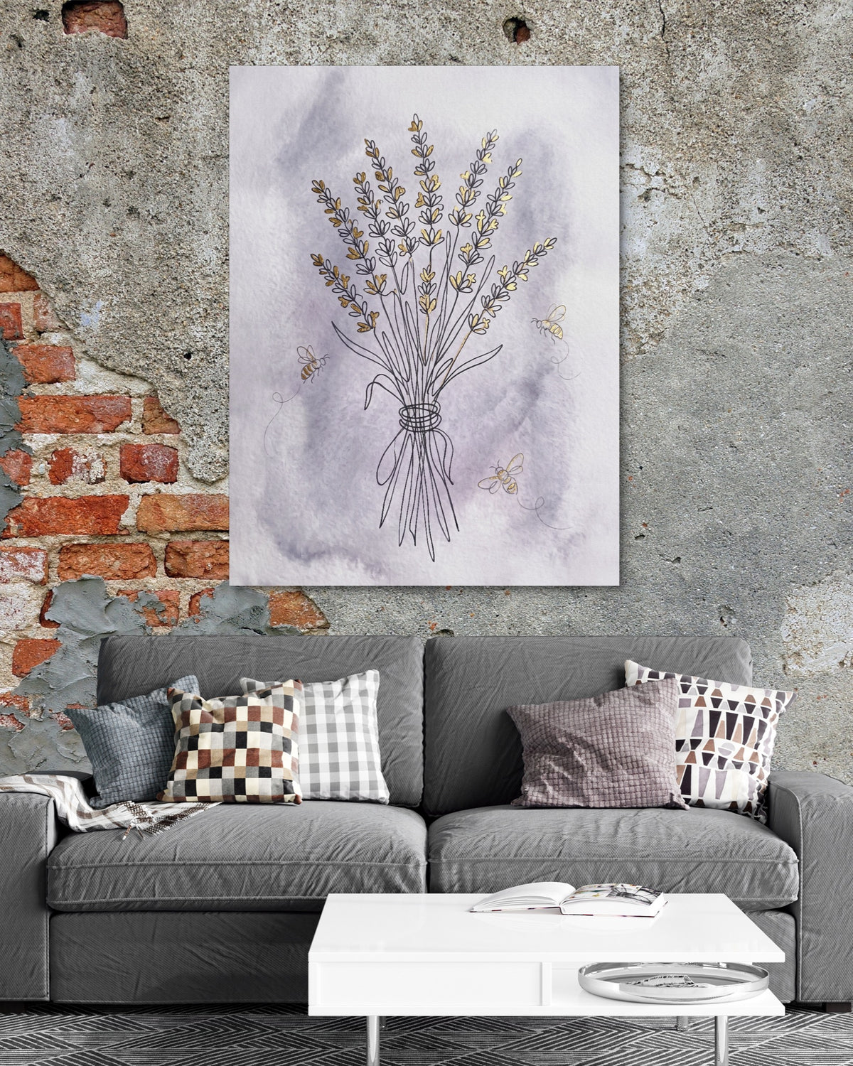 Lavender Bee Flight — lavender bee flight psd exposed brick grey couch 1port flush print