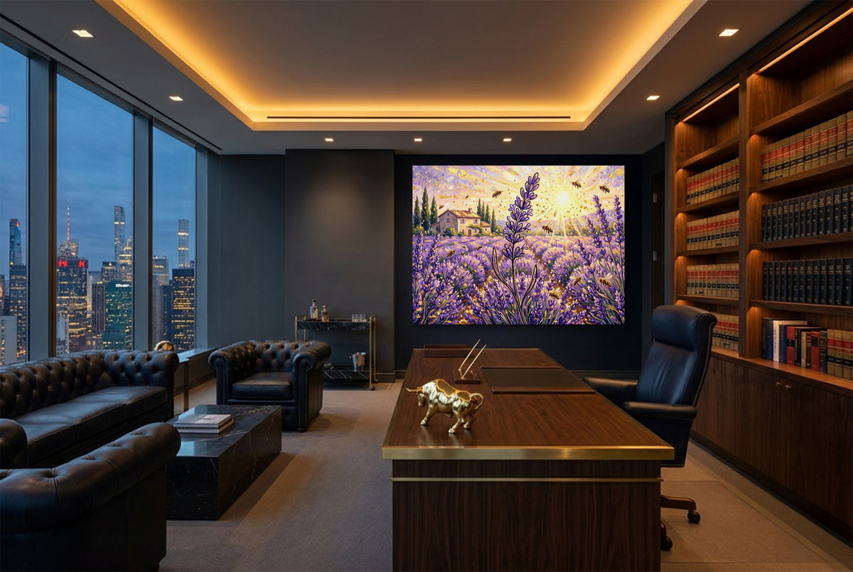 Lavender Golden Sunrise — lavender golden sunrise office with city view 4 1land flush print