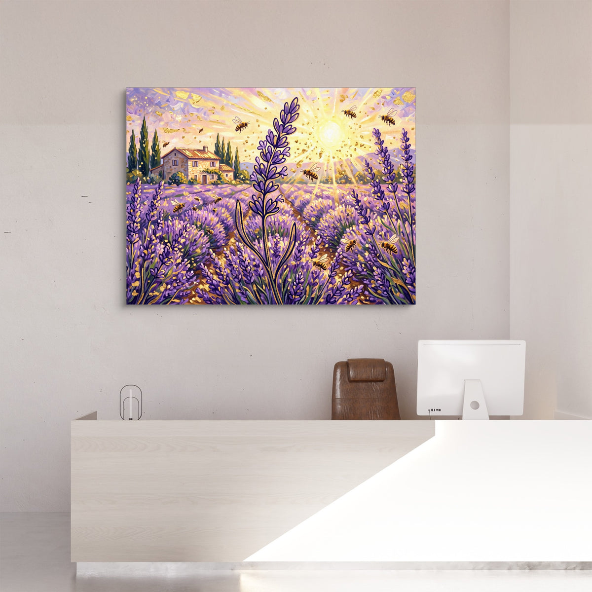 Lavender Golden Sunrise — lavender golden sunrise sq reception desk 1land flush print