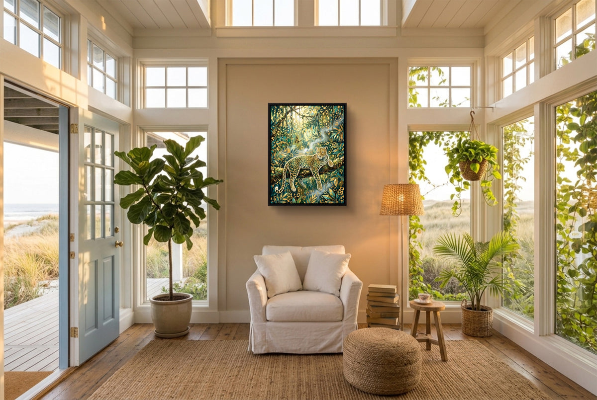 Leopard Golden Jungle — leopard golden jungle living room with plants 1port framed black