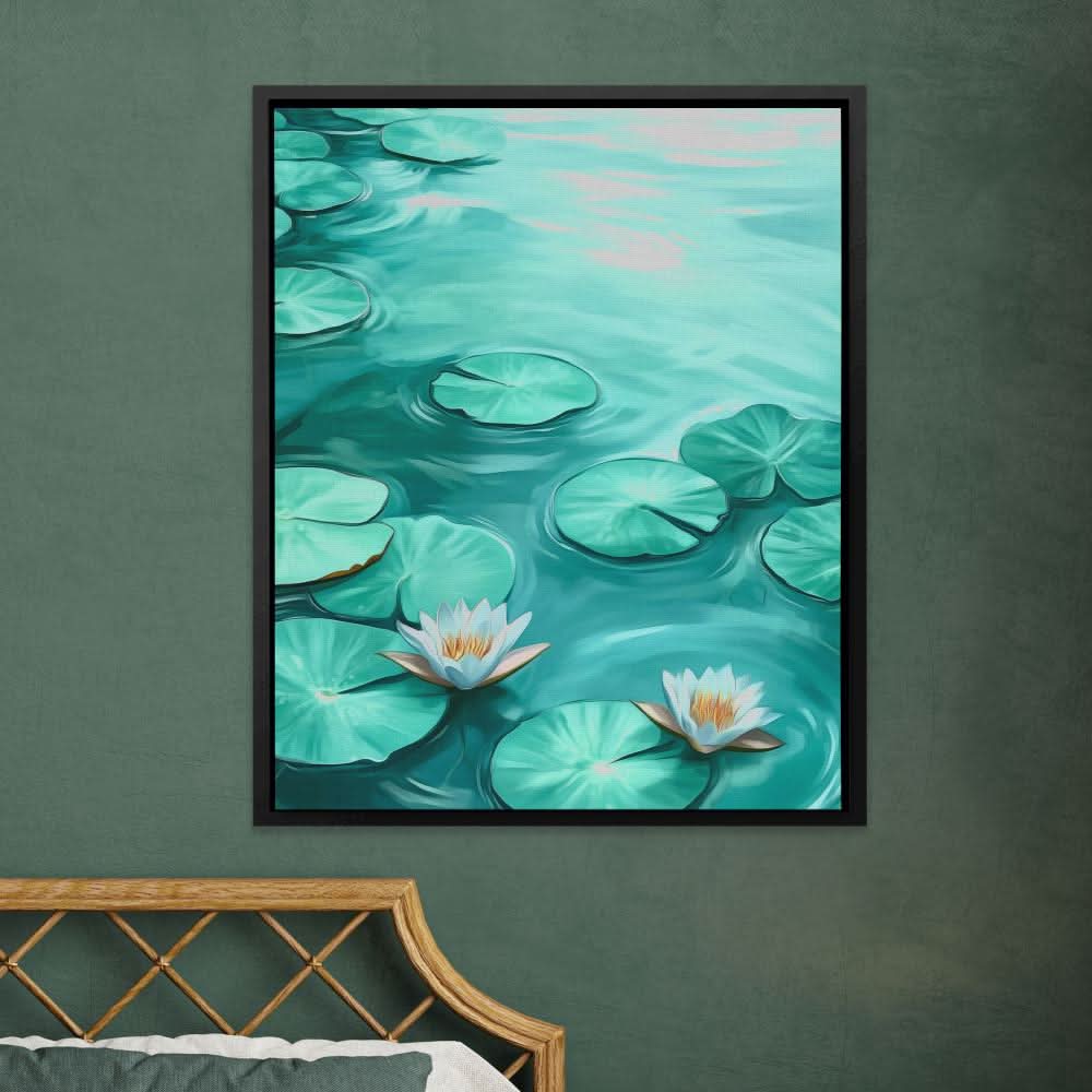 lily pad flower painting Lily Pads Serenade Water Lily Art 24x18 / Black Floating Frame