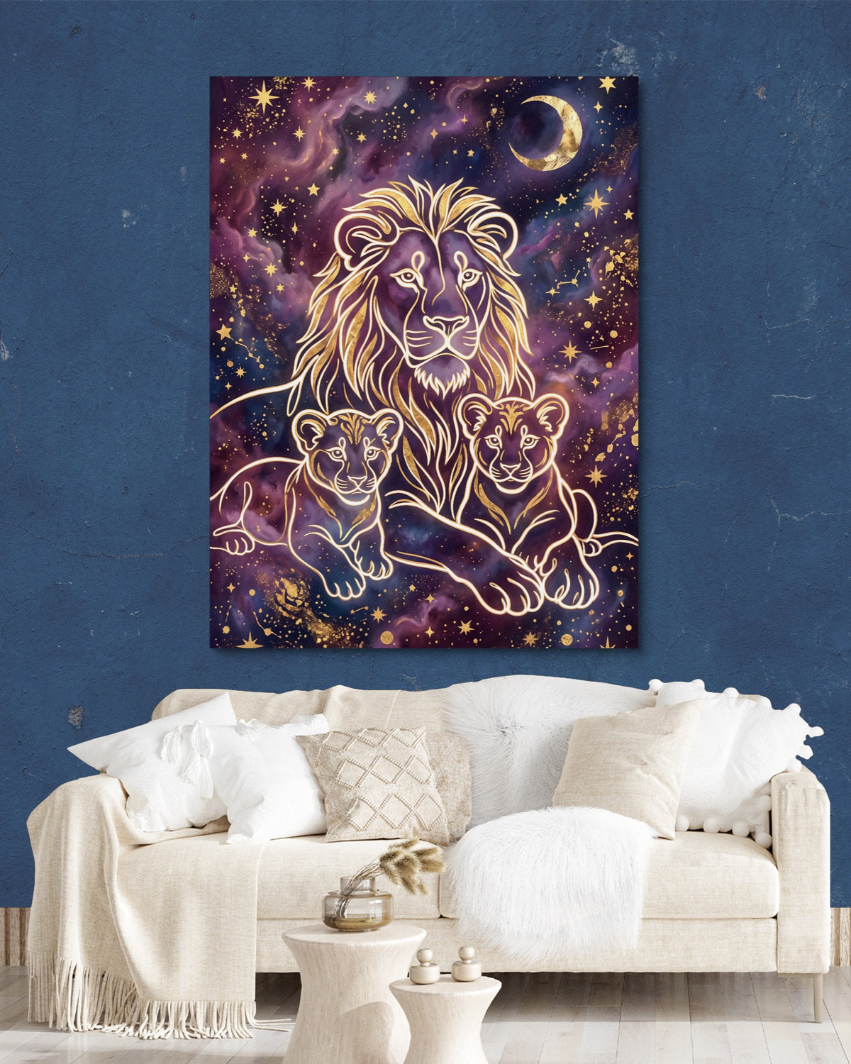 Lion Cosmic Gold — lion cosmic gold psd navy wall white lux couch 1port flush print