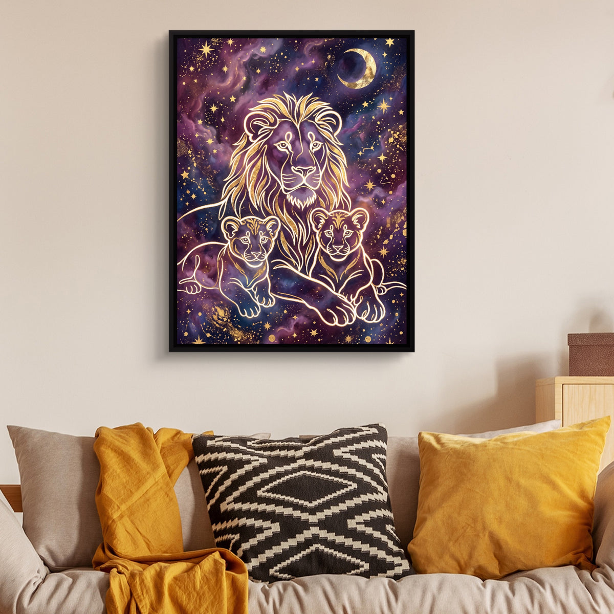 Lion Cosmic Gold — lion cosmic gold sq luxury couch walls 1port framed black