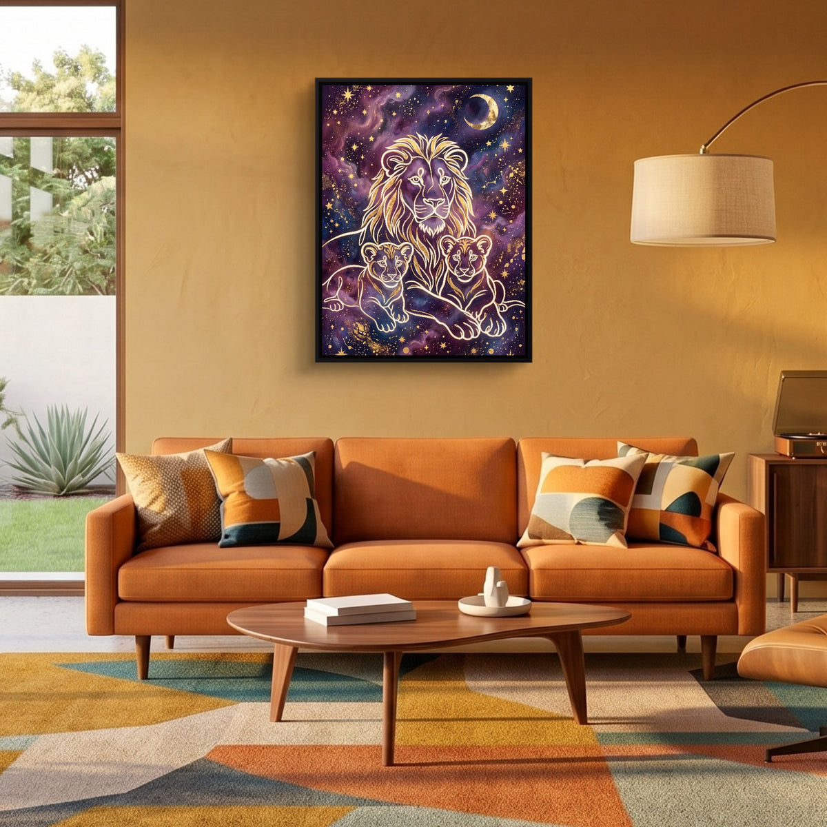 Lion Cosmic Gold — lion cosmic gold sq orange room 2 1port framed black