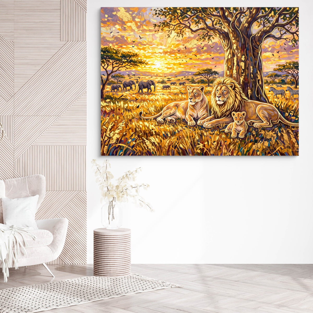 Lion Family Sunset — lion family sunset sq white chair wall 1land flush print