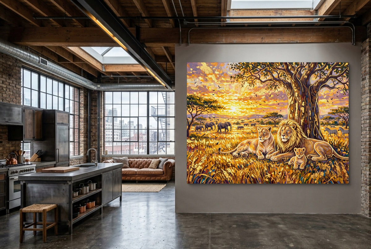 Lion Family Sunset — lion family sunset kitchen interior with island 1land flush print