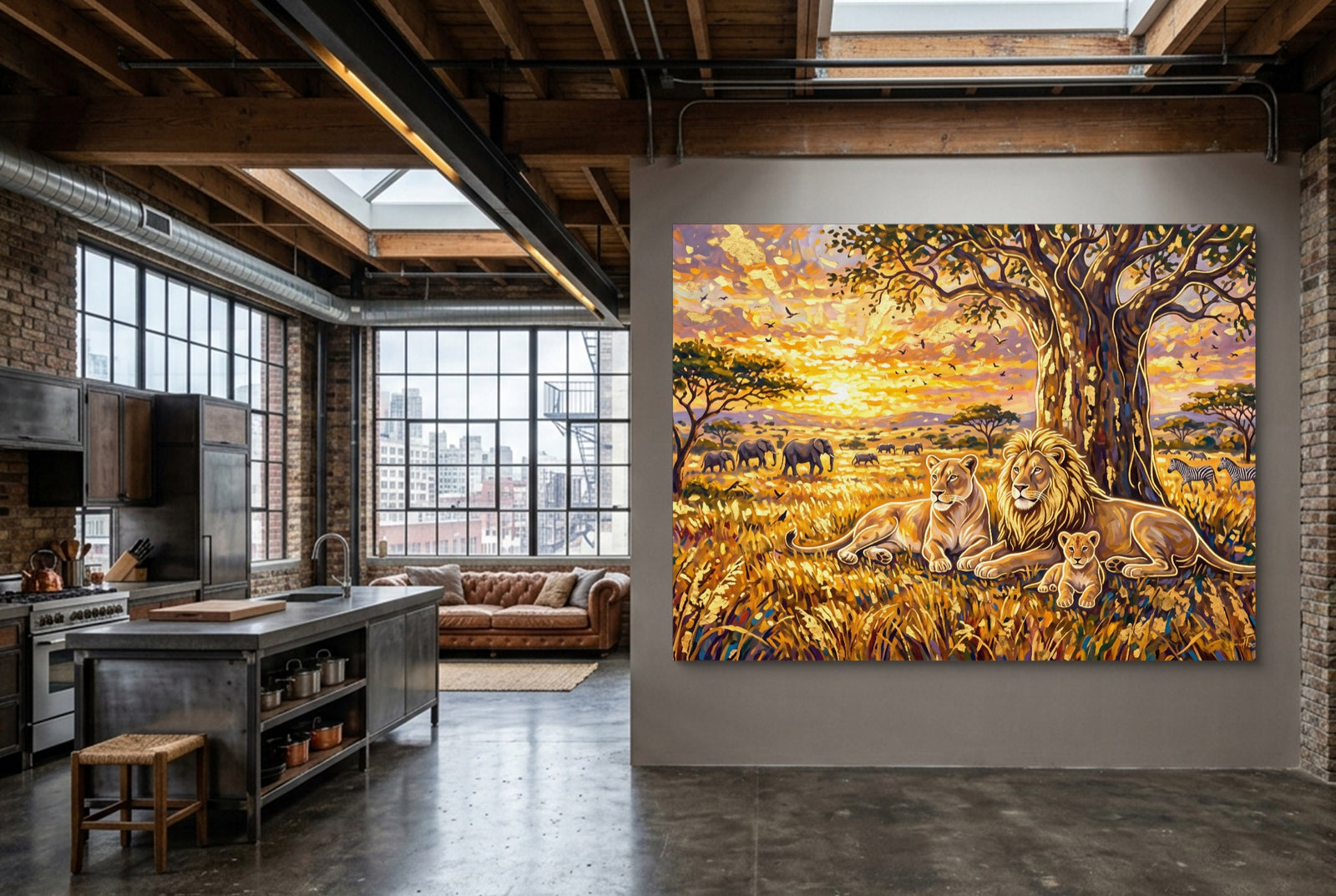 Lion Family Sunset — lion family sunset white studio framed black