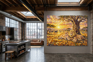 Lion Family Sunset — lion family sunset kitchen interior with island 1land flush print