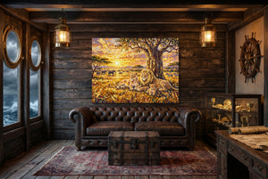 Lion Family Sunset — lion family sunset small cabin interior view 1land flush print