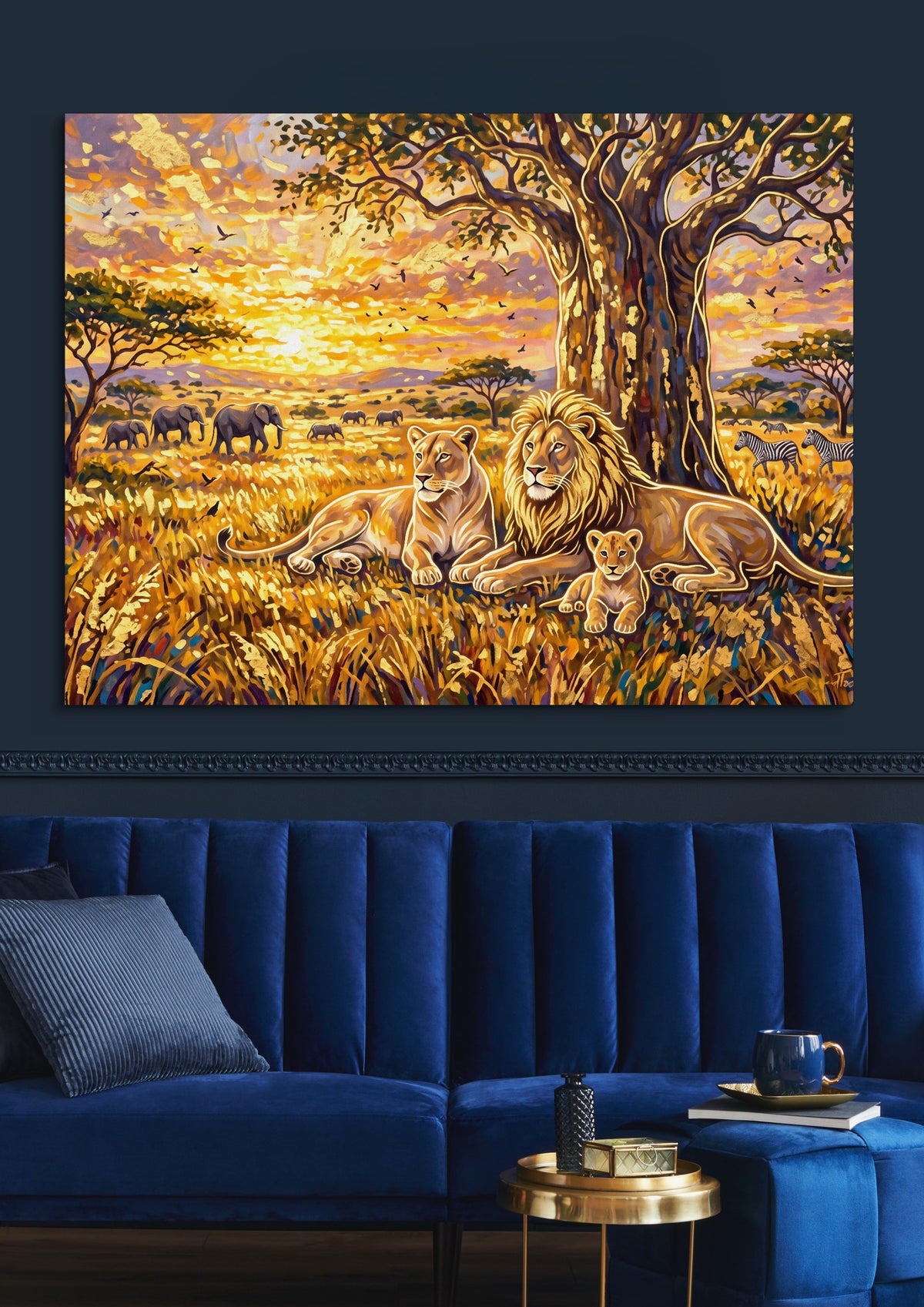 Lion Family Sunset — lion family sunset sq blue luxury room 1land flush print