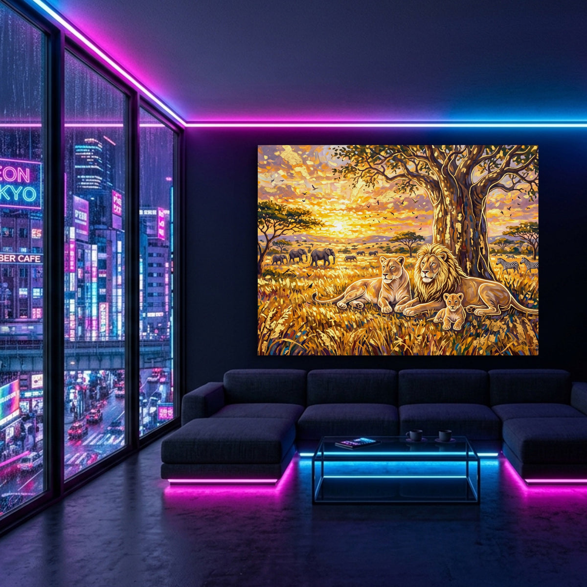 Lion Family Sunset — lion family sunset sq blue pink neon room 1land flush print