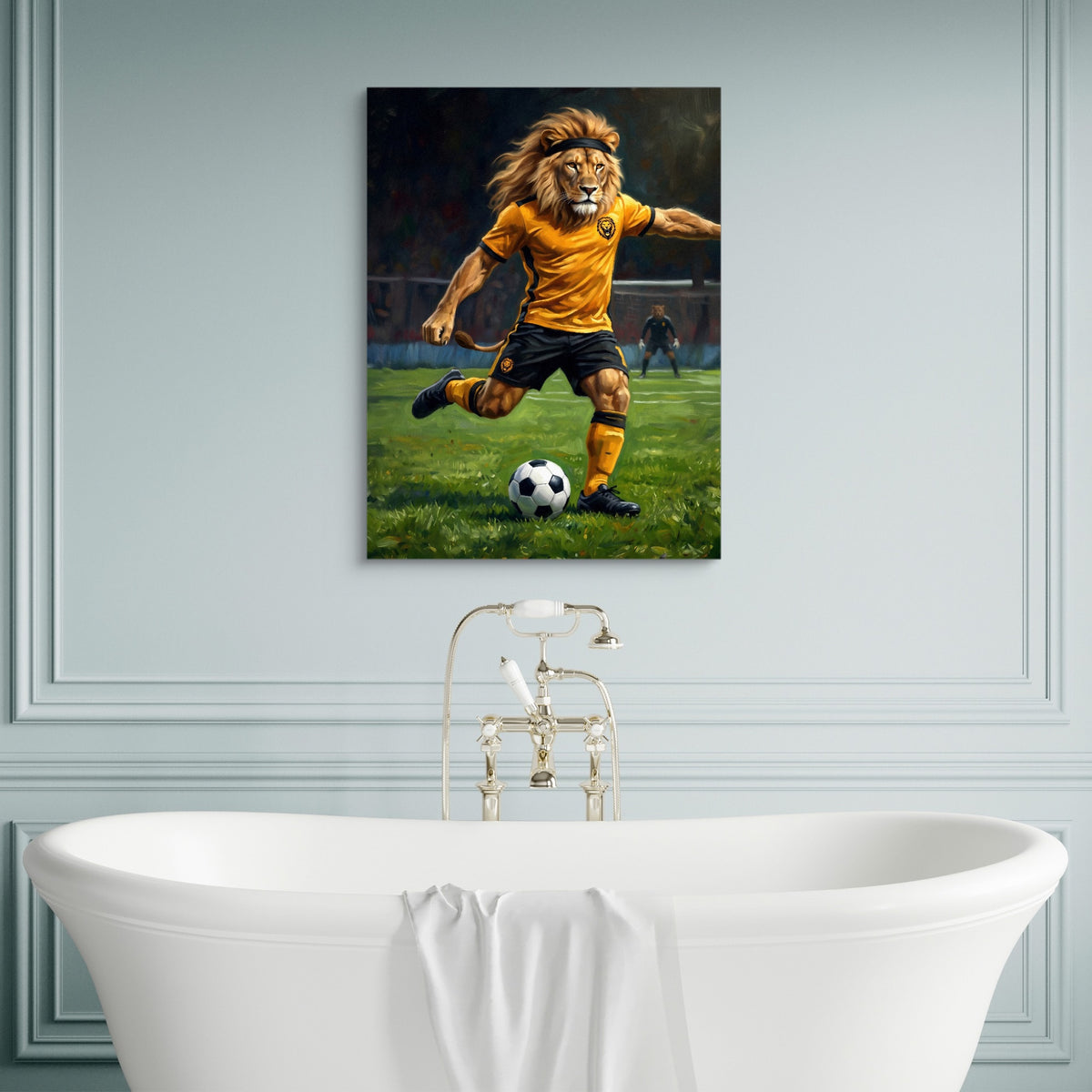 Lion Field Kick — lion field kick sq luxury bathroom wall 1port flush print