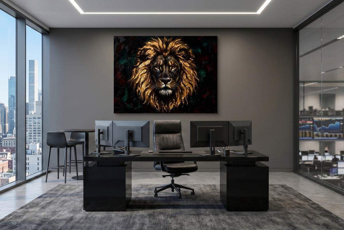 Lion Gilded Majesty — lion gilded majesty office desk with monitors 1land flush print