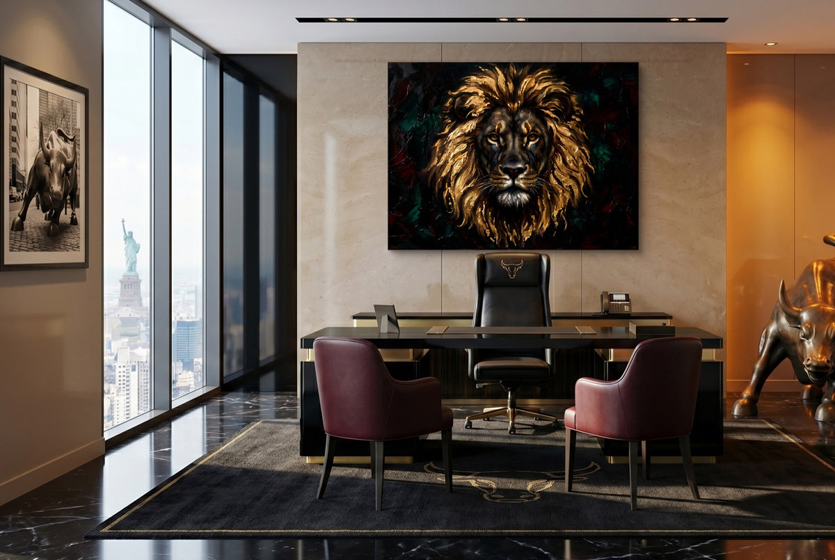 Lion Gilded Majesty — lion gilded majesty office with desk and chairs 2 1land flush print