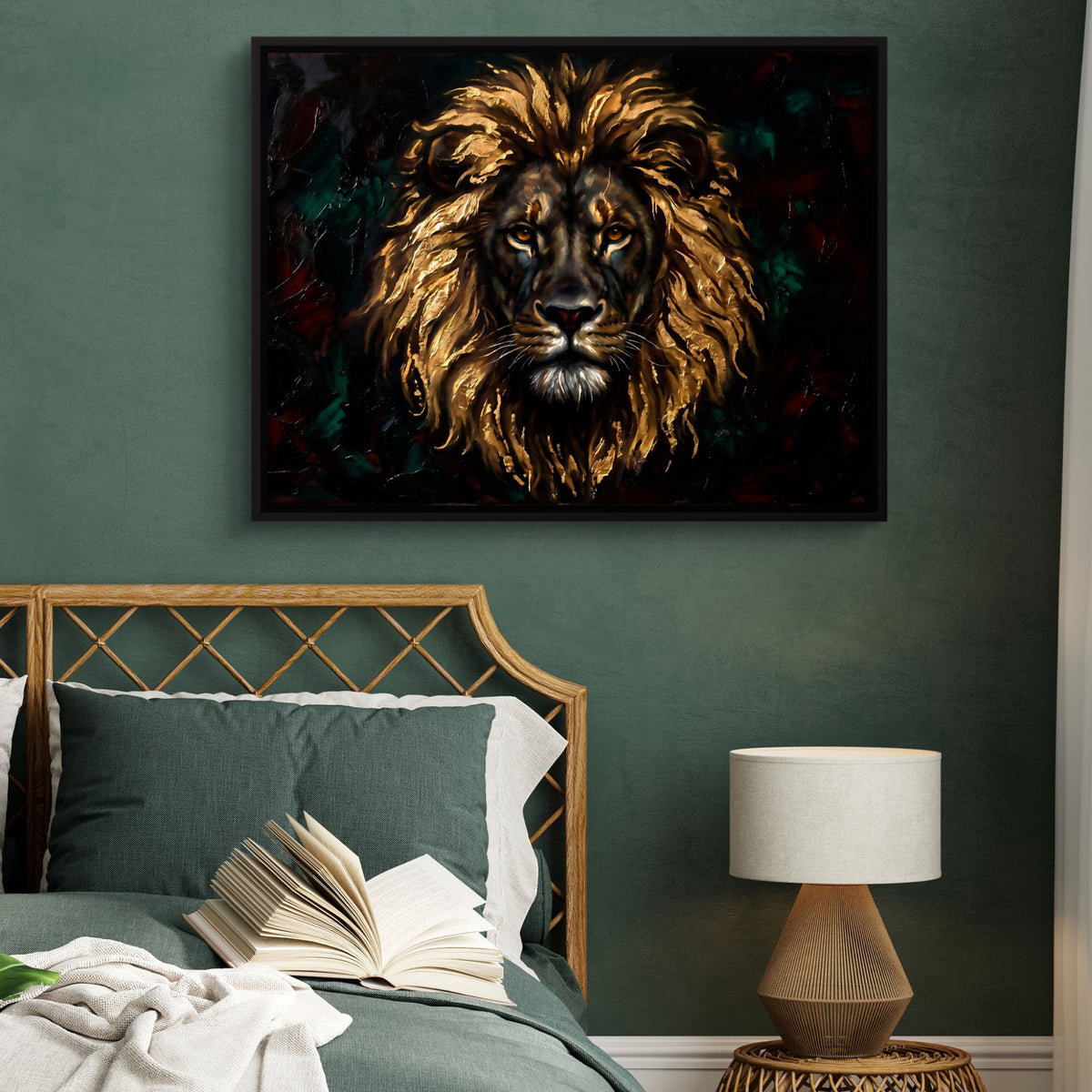 Lion Gilded Majesty — lion gilded majesty sq green bed 1land framed black