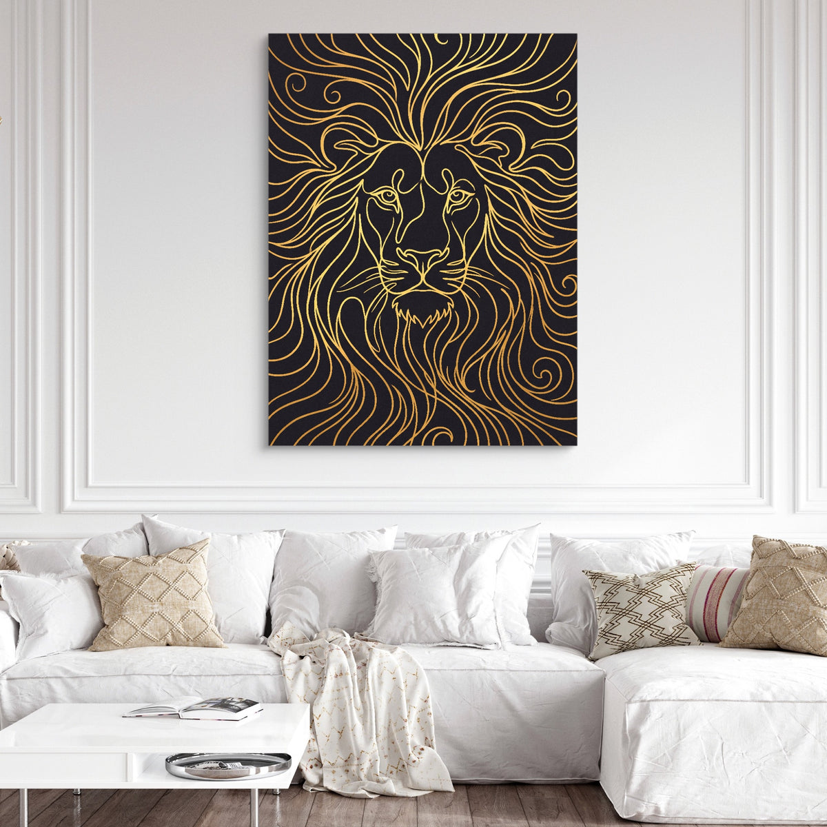 Lion's Liquid Mane — lion's liquid mane sq white couch and wall 1port flush print