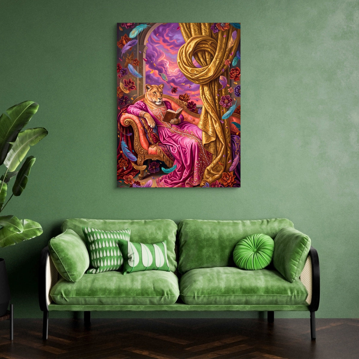Lioness Reads Twilight — lioness reads twilight sq green couch 1port flush print