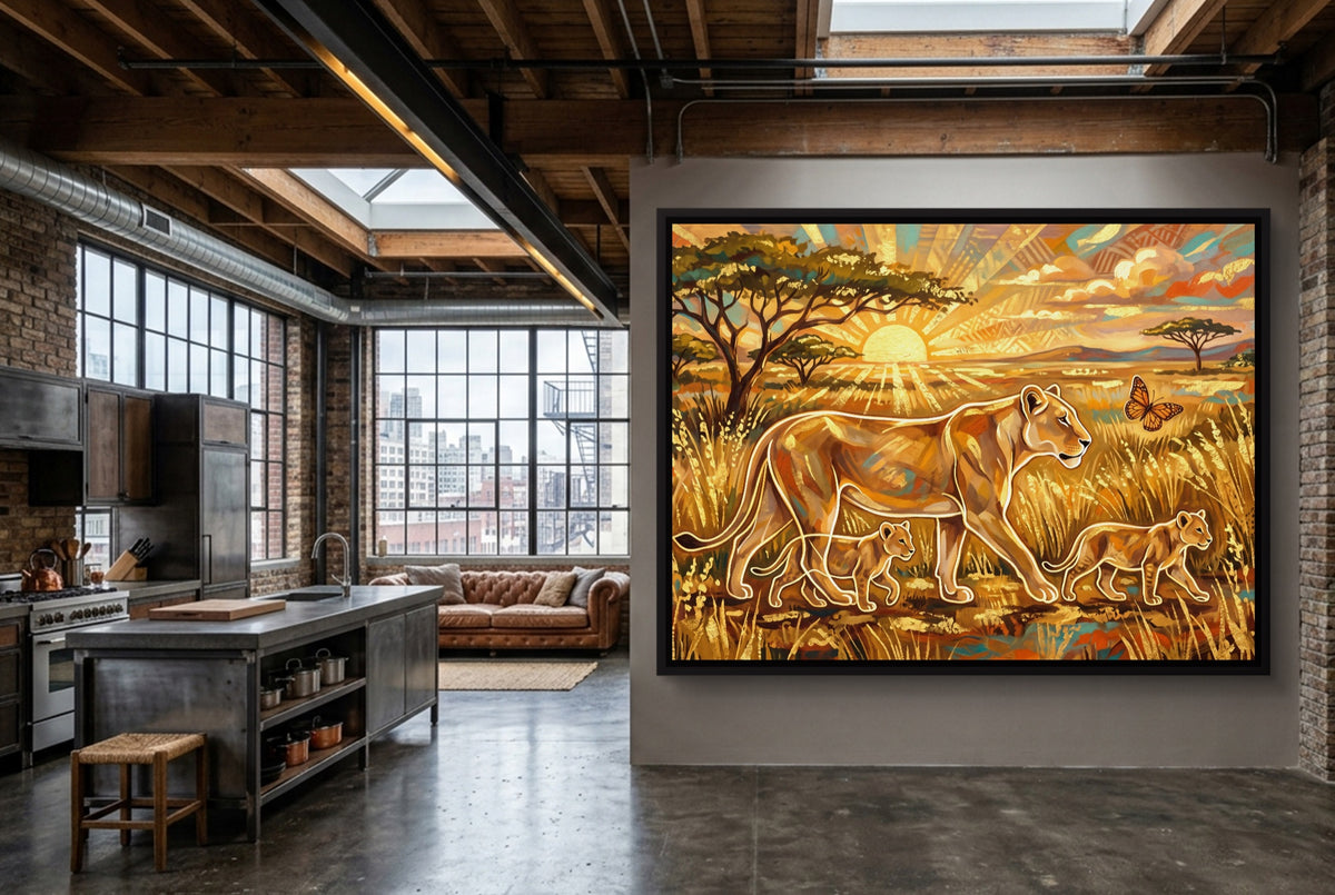 Lions Golden Sunrise — lions golden sunrise kitchen interior with island 1land framed black