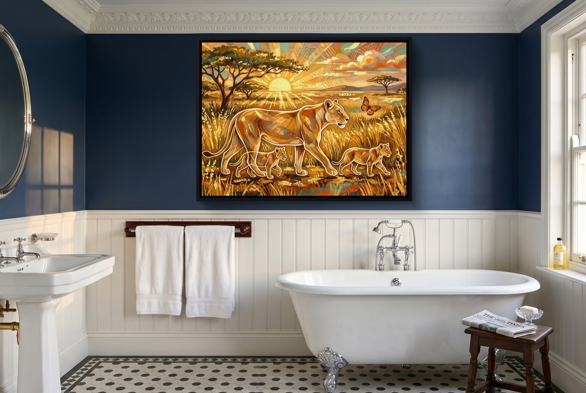 Lions Golden Sunrise — lions golden sunrise small bathroom interior 2 1land framed black