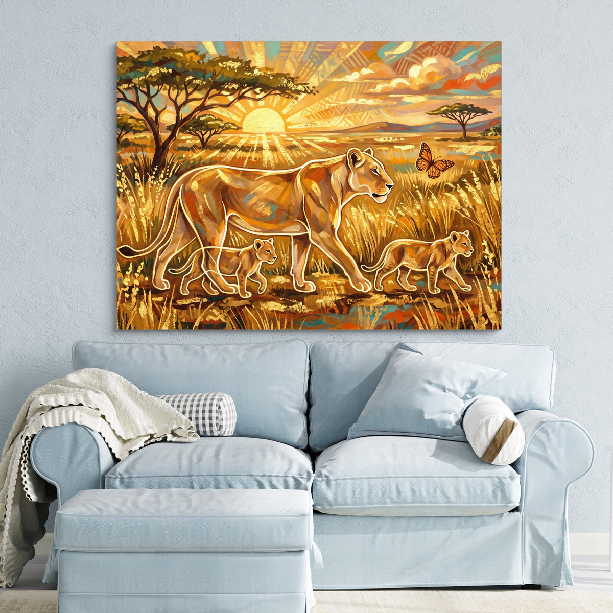 Lions Golden Sunrise — lions golden sunrise sq blue pastel couch 1land flush print