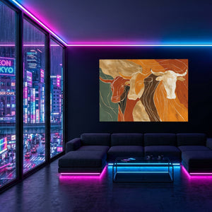 Longhorns Ochre Procession — Longhorns Ochre Procession Blue Pink Neon Room Land 75
