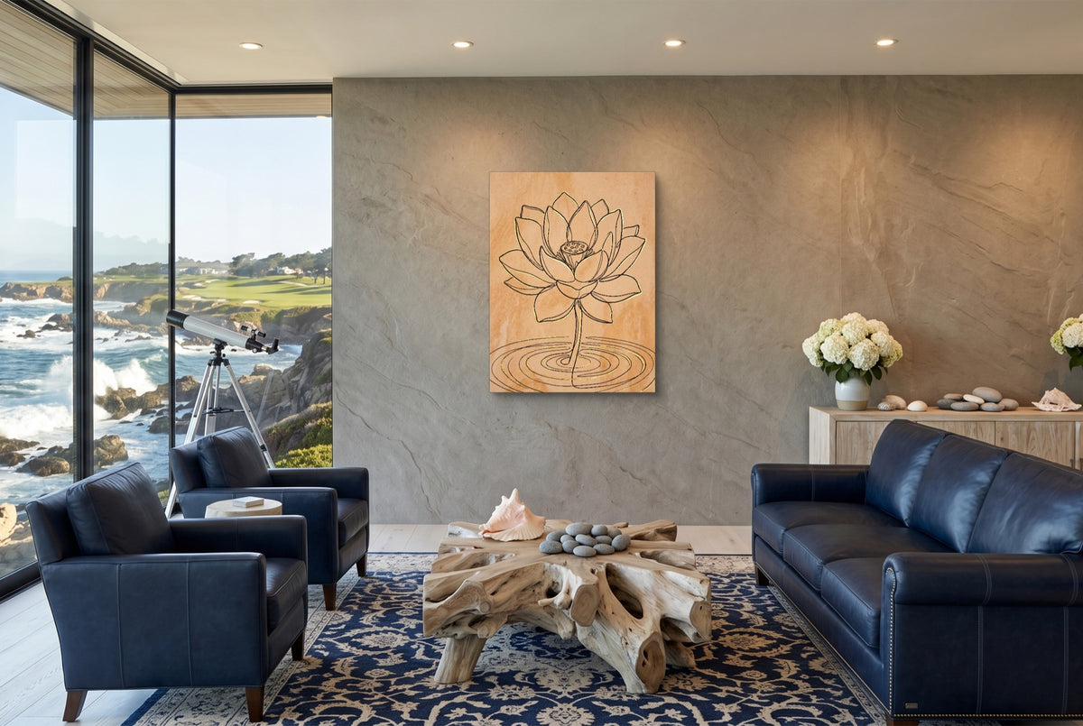 Lotus Golden Ripples — lotus golden ripples living room with ocean view 1port flush print