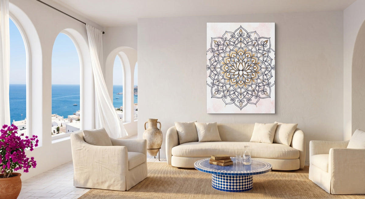 Lotus Mandala Blush — lotus mandala blush beachside couch livingroom 1port flush print