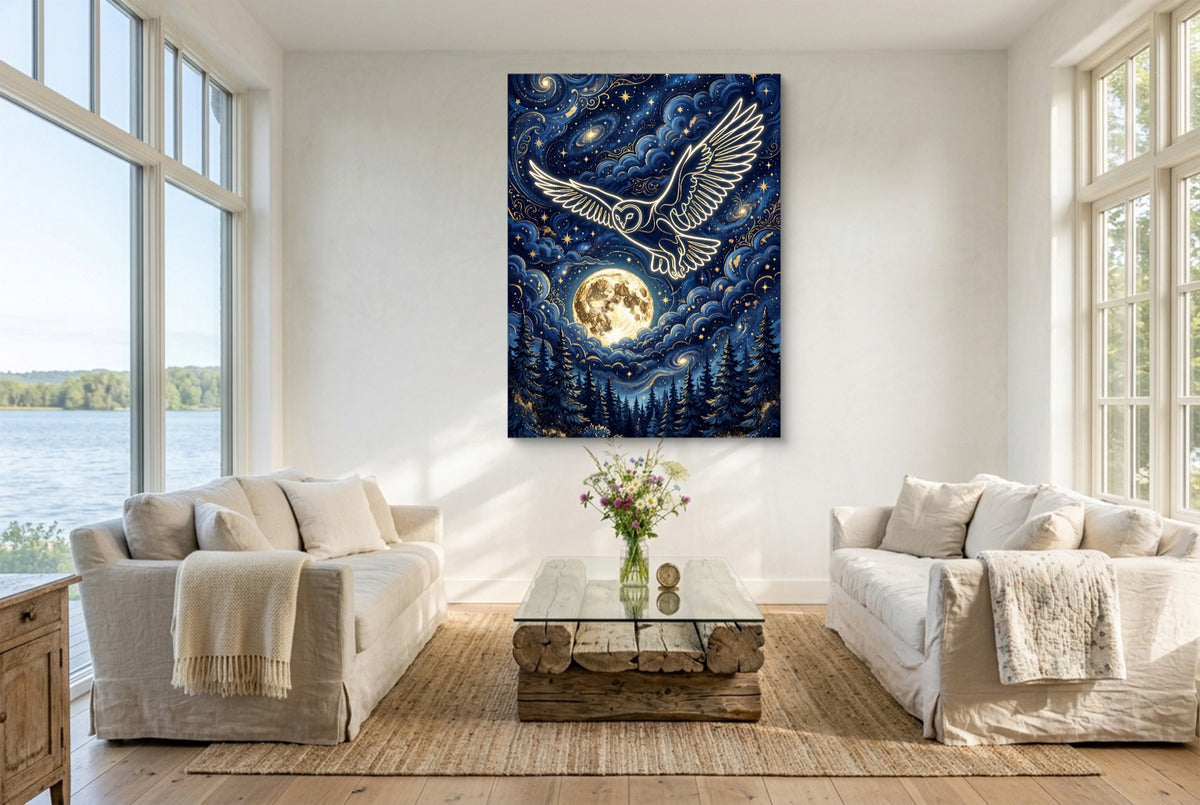 Luminous Owl Midnight — luminous owl midnight living room with couches 1port flush print