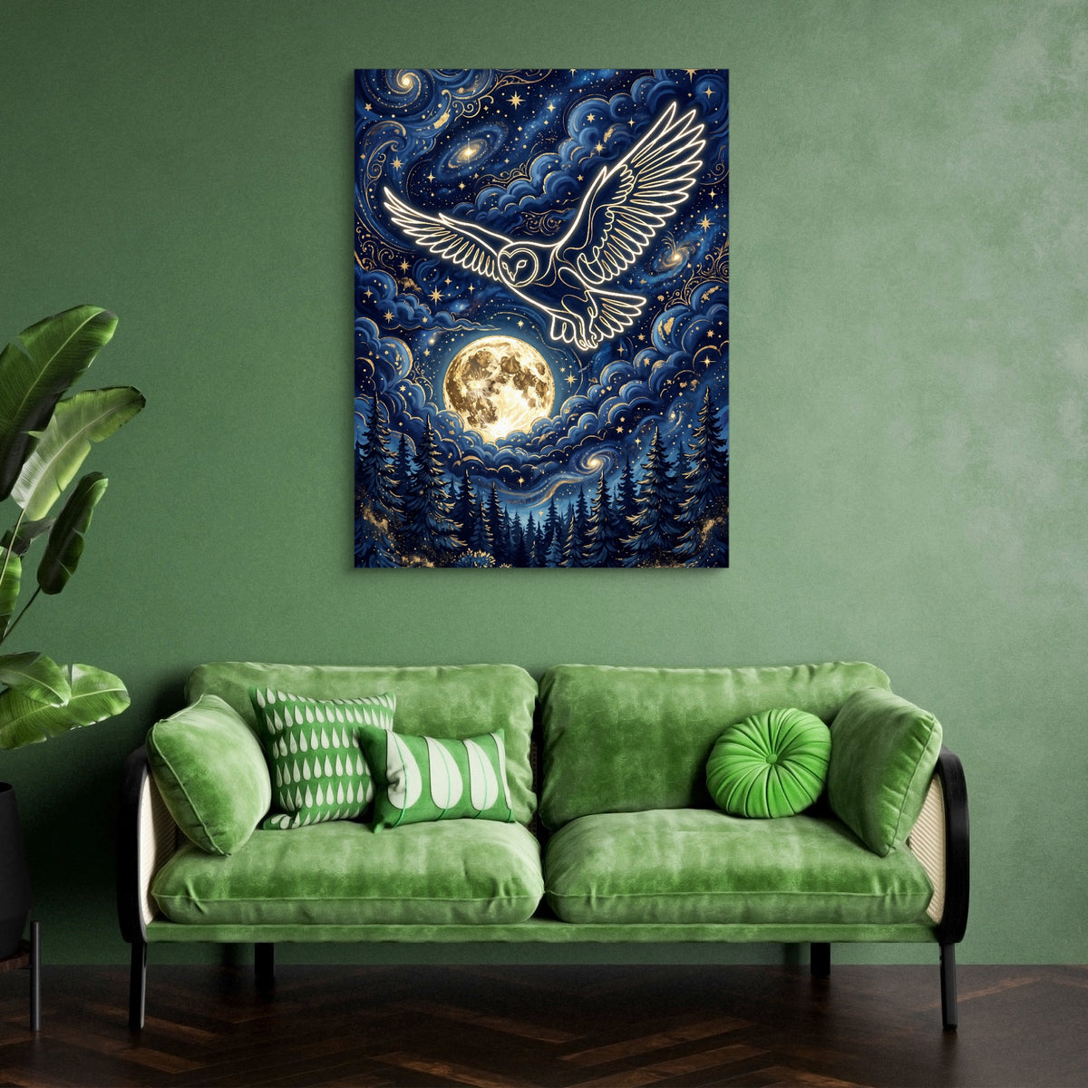 Luminous Owl Midnight — luminous owl midnight sq green couch 1port flush print