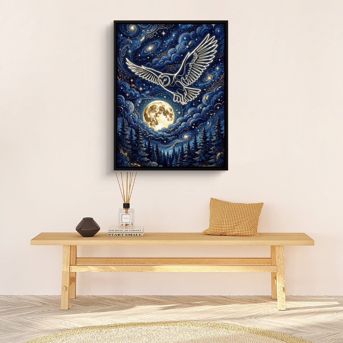 Luminous Owl Midnight — luminous owl midnight sq hallway bench white wall 1port framed black