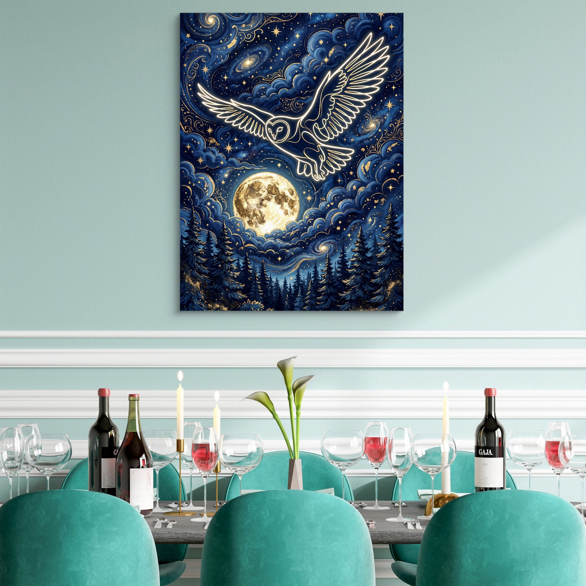 Luminous Owl Midnight — luminous owl midnight sq teal dining room 1port flush print