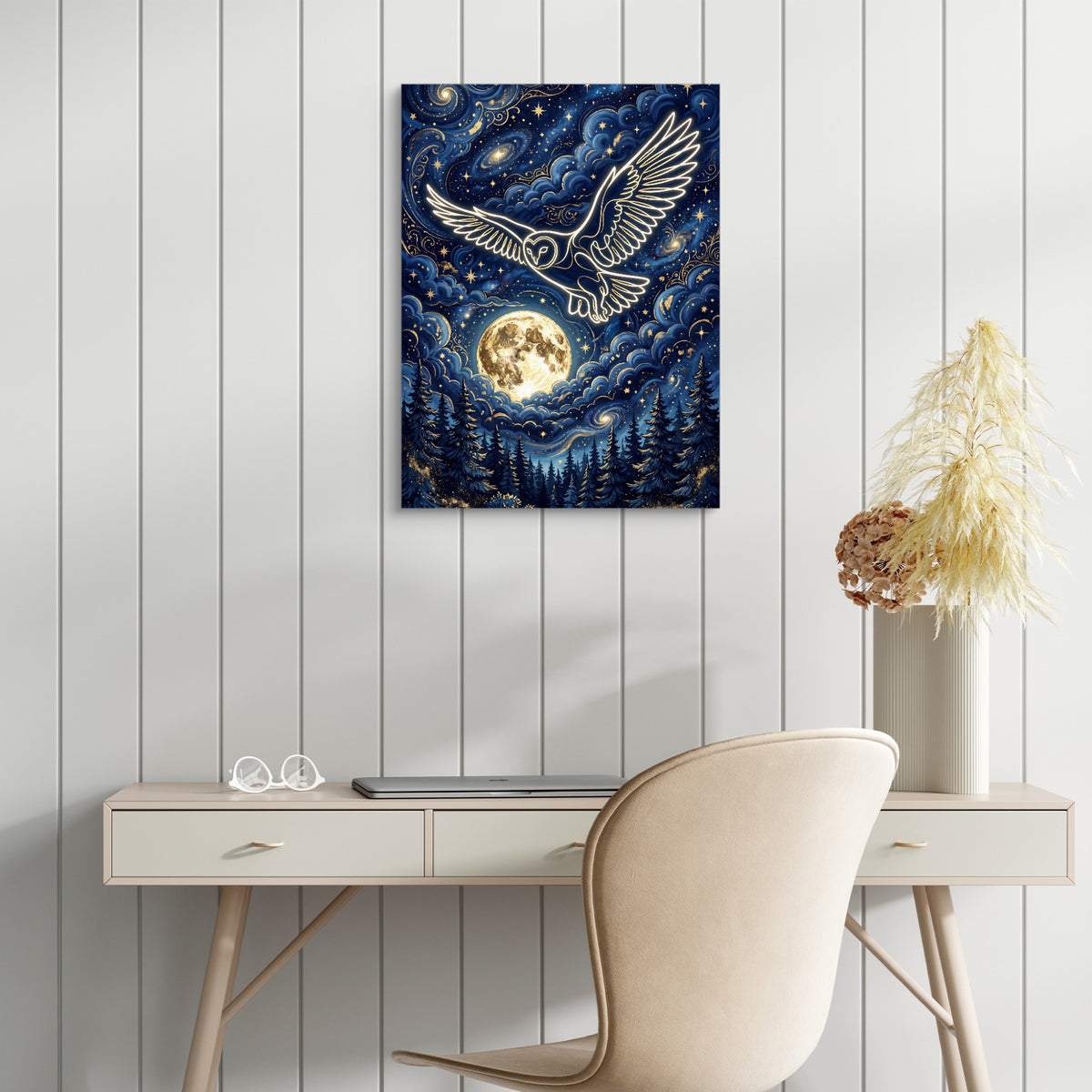 Luminous Owl Midnight — luminous owl midnight sq white table 1port flush print