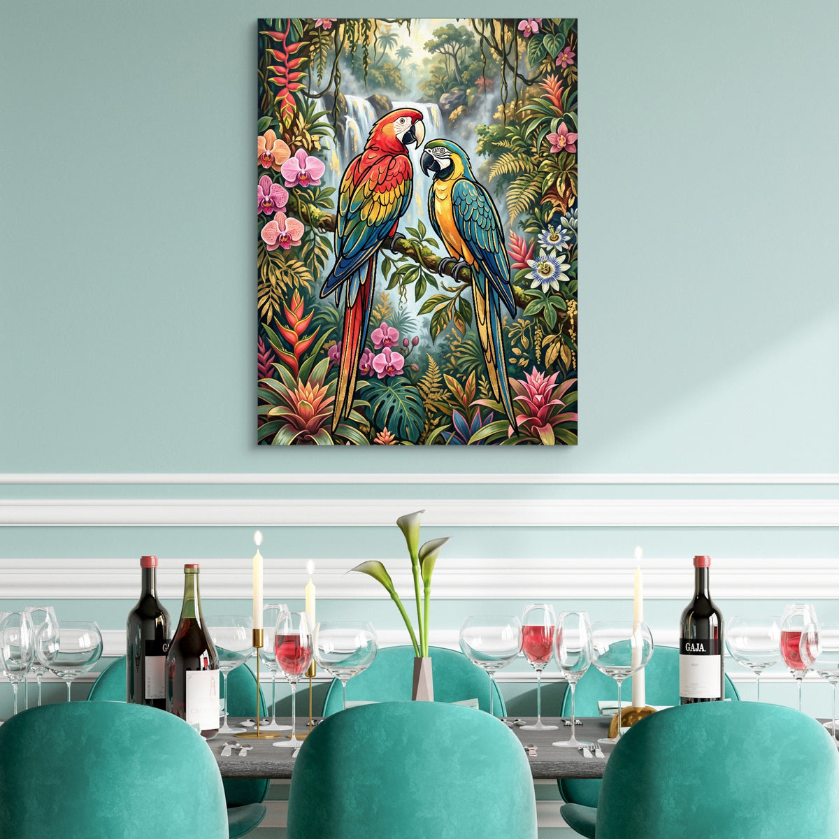 Macaws Jungle Waterfall — macaws jungle waterfall sq teal dining room 1port flush print