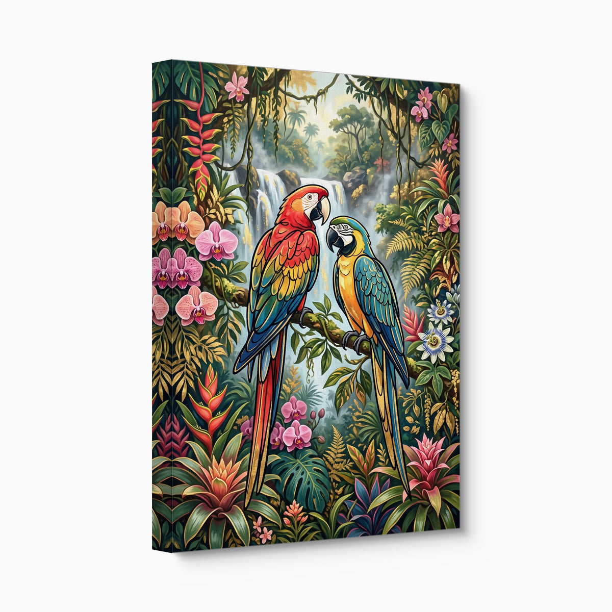 Macaws Jungle Waterfall — macaws jungle waterfall angled flush print