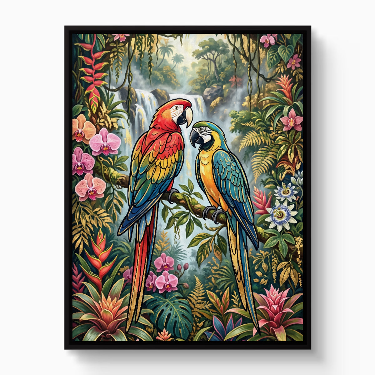 Macaws Jungle Waterfall — macaws jungle waterfall white studio framed black